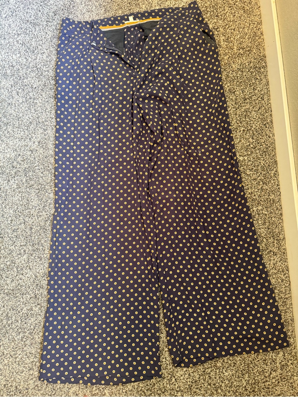 Anthropologie Featherbone Navy and Mustard Polka Dot Top